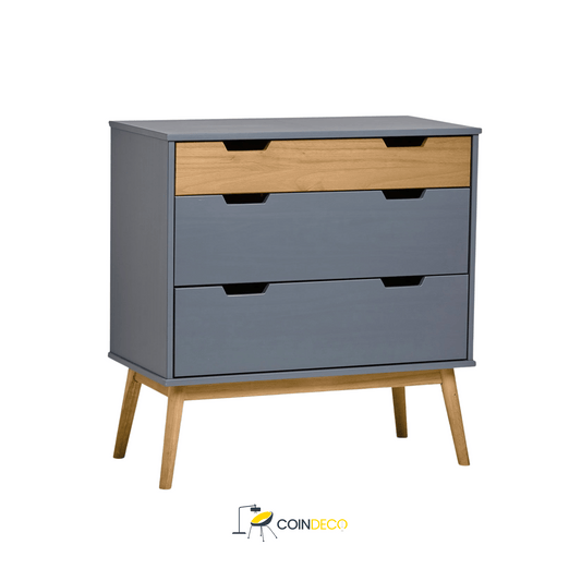 خزانة أدراج عصرية بثلاثة طوابق – تصميم أنيق بالأزرق والخشب الطبيعي