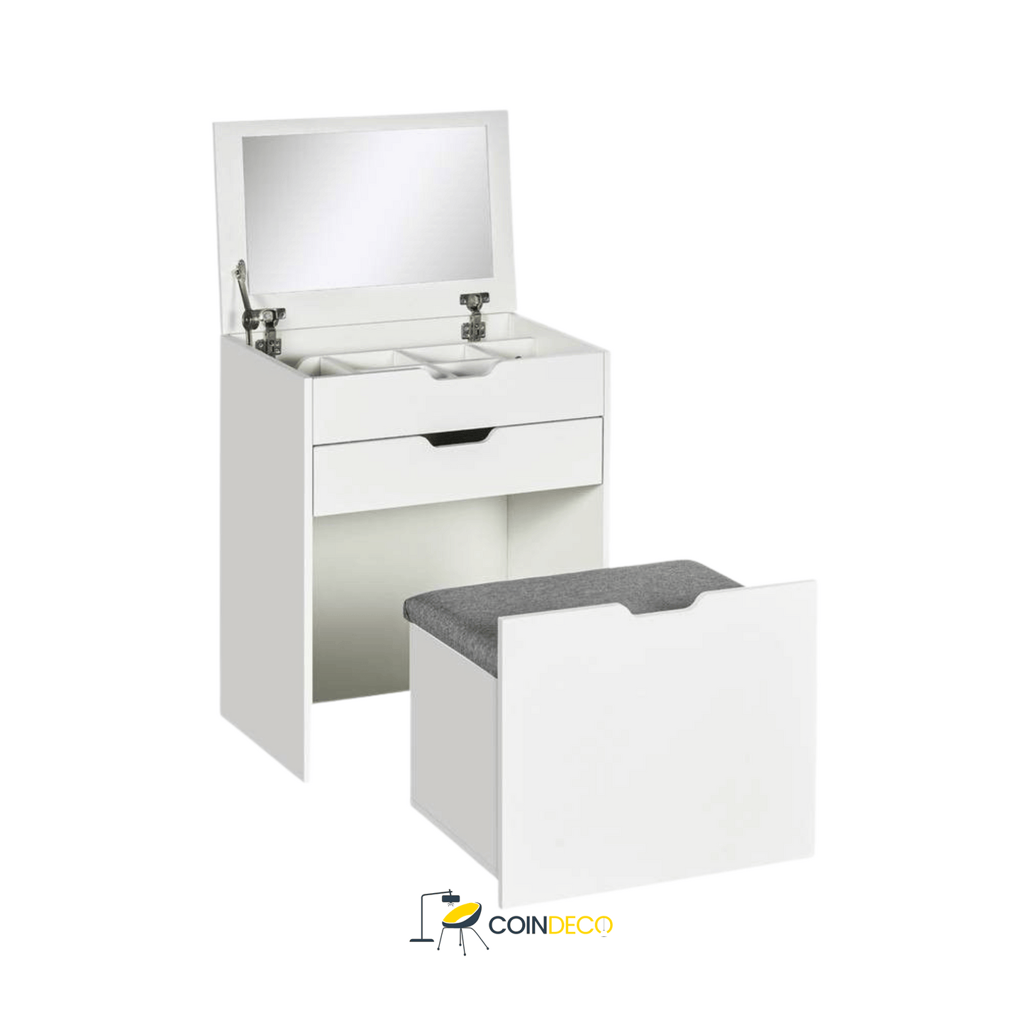 تسريحة ماكياج صغيرة مع مرآة وكرسي – تصميم أنيق وعصري باللون الأبيض