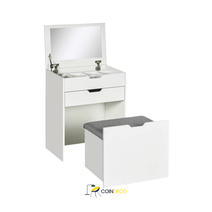 تسريحة ماكياج صغيرة مع مرآة وكرسي – تصميم أنيق وعصري باللون الأبيض