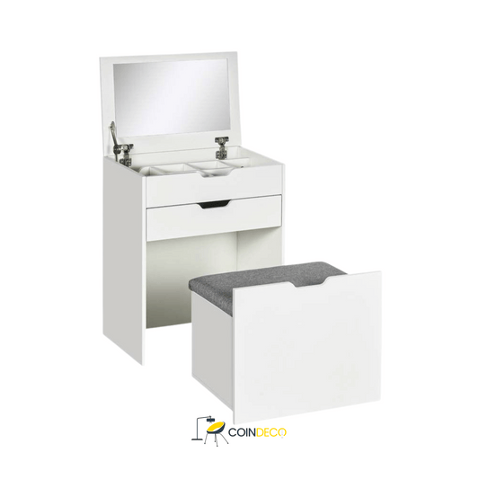 تسريحة ماكياج صغيرة مع مرآة وكرسي – تصميم أنيق وعصري باللون الأبيض