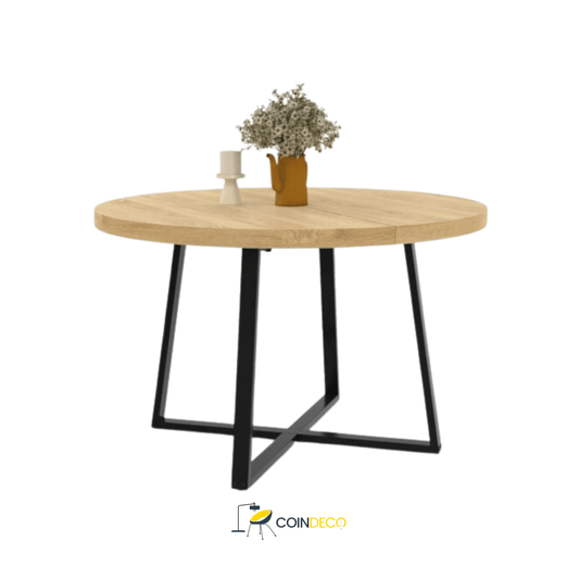 طابلة سفرة عصرية دائرية بسطح خشبي وأرجل حديدية بتصميم هندسي