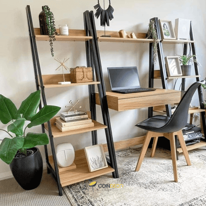 مكتب خشبي مع رفوف جانبية متعددة