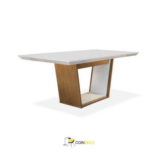 طاولة طعام عصرية بشكل هندسي – سطح رمادي وأرجل خشبية بتصميم فاخر