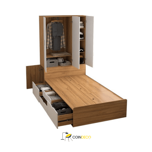 سرير بخزانة مدمجة ودرج تخزين – تصميم عملي لتوفير المساحة